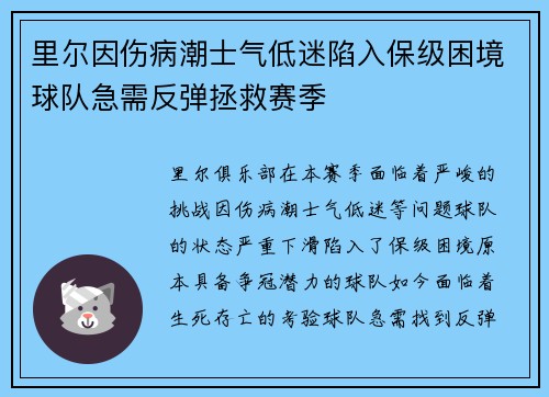 里尔因伤病潮士气低迷陷入保级困境球队急需反弹拯救赛季 里尔因伤病潮士气低迷陷入保级困境球队急需反弹拯救赛季
