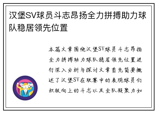 汉堡SV球员斗志昂扬全力拼搏助力球队稳居领先位置