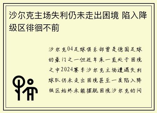 沙尔克主场失利仍未走出困境 陷入降级区徘徊不前 沙尔克主场失利仍未走出困境 陷入降级区徘徊不前