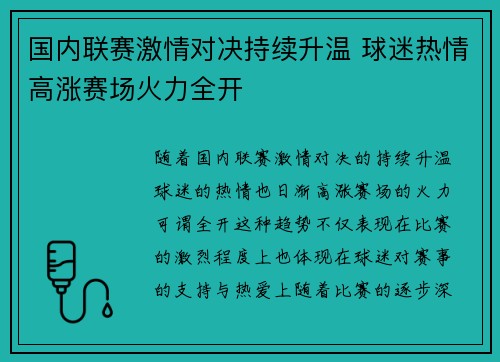 国内联赛激情对决持续升温 球迷热情高涨赛场火力全开 国内联赛激情对决持续升温 球迷热情高涨赛场火力全开