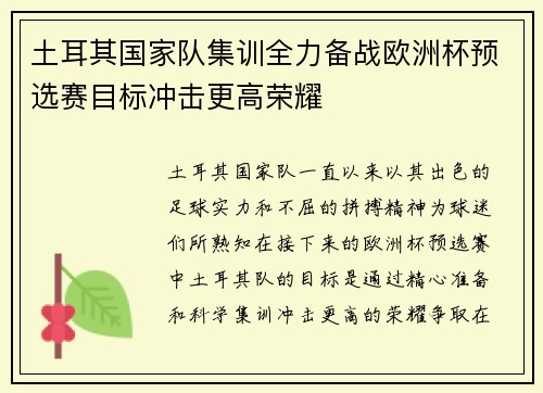 土耳其国家队集训全力备战欧洲杯预选赛目标冲击更高荣耀 土耳其国家队集训全力备战欧洲杯预选赛目标冲击更高荣耀